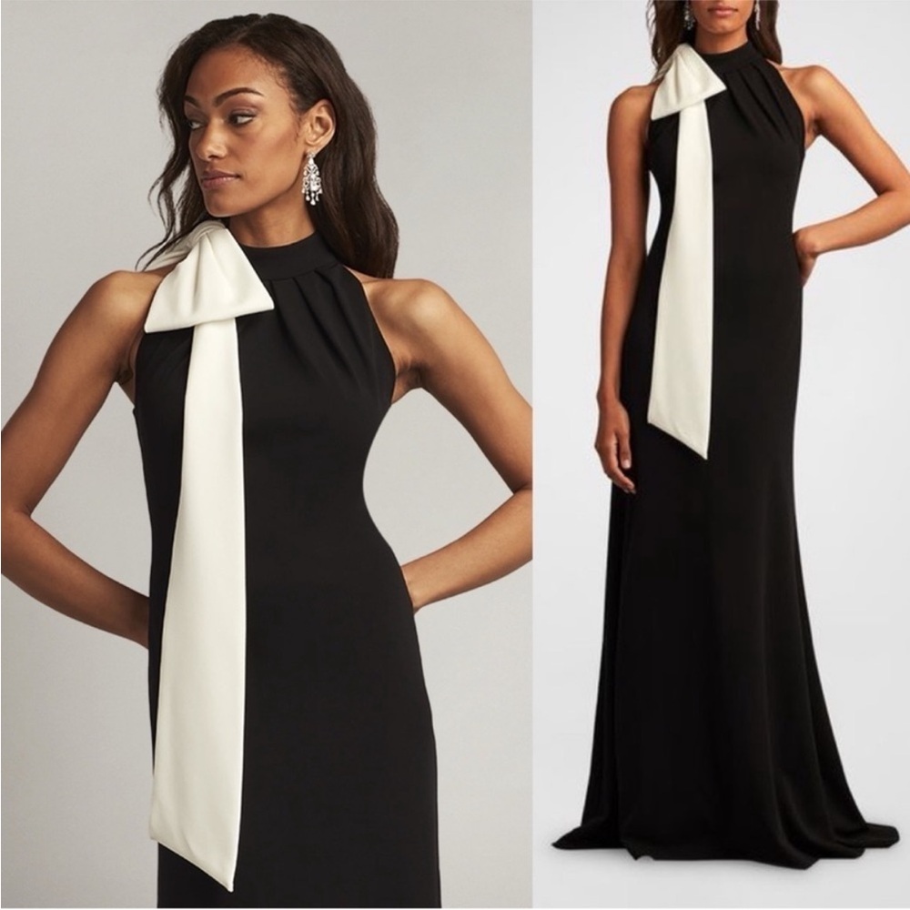 TADASHI SHOJI Bow Detail Black Sleeveless Gown, SMALL